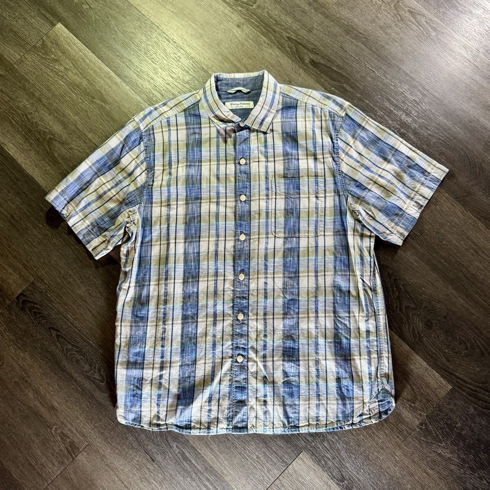 Tommy Bahama Tortola Shirt Men's Large Plaid Blue Button Up Short Sleeve Island